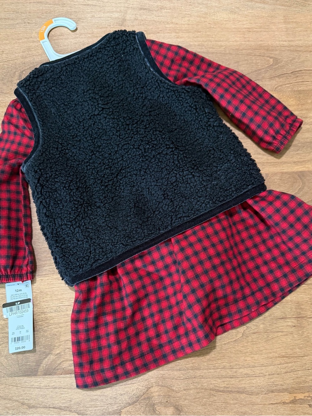 Cat & Jack Red Black Buffalo Plaid Dress Black Sherpa Vest Bloomers 12M NWT - Picture 2 of 3